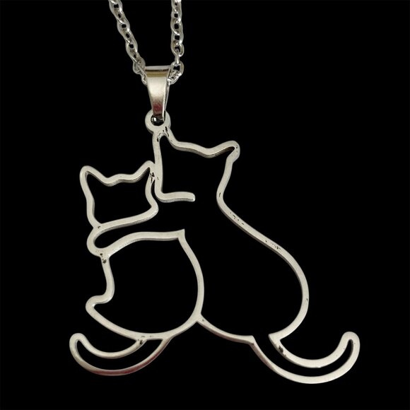 Two Cats Charm Pendant Necklace 17-19" Chain Stainless Steel Cat Lady Silhouette - Picture 2 of 8